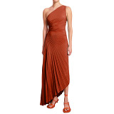 Single Shoulder Pleated Hollow Out Dress(Satin)