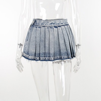High waisted pleated denim skirt casual short skirt for women