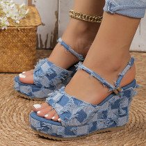 Denim Wedge Heel Two Slippers Women'S Canvas Sandals