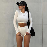 Knitted Round Neck Long Sleeved Shorts Two-Piece Set For Women