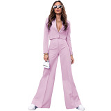 Solid Color Short Long-Sleeved Small Suit Fashion High Waist Wide Leg Pants Suit