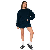 Round Neck Pullover Long Sleeve Sweater Ladies Fashion Casual Shorts Set