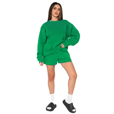 Round Neck Pullover Long Sleeve Sweater Ladies Fashion Casual Shorts Set