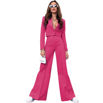 Solid Color Short Long-Sleeved Small Suit Fashion High Waist Wide Leg Pants Suit