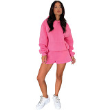Women Long Sleeved Hooded Sweater Shorts Two-Piece Set