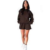 Women Long Sleeved Hooded Sweater Shorts Two-Piece Set