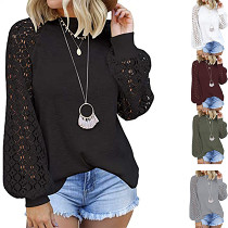 Round Neck Long Sleeved Lace Patchwork Loose Fitting T-Shirt