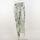 Casual Slim Fitting Rose Print Tank Top Half Skirt Set For Women