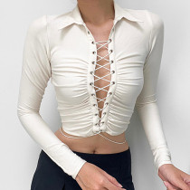 Long Sleeved Polo Collar Woven Belt Hollowed Out Sexy Top