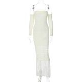 Woolen Temperament Slim Fringed Dress Long-Sleeved Off-Shoulder Wrap-Chest Dress