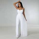 High Temperature Set Pleated Solid Color Wide Leg Jumpsuit
