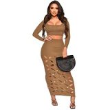 Thread Burnt Square Neck High Waist Hollow Sexy Two Piece Set