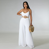 High Temperature Set Pleated Solid Color Wide Leg Jumpsuit
