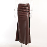 Imitation Leather Shirring Suit Irregular Sexy Top Temperament Slim Slit Skirt