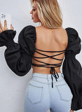 Women Lantern Sleeves Sexy Low Chest Short Open Umbilical Top