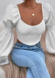 Women Lantern Sleeves Sexy Low Chest Short Open Umbilical Top