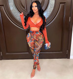 Sexy V-Neck Strap Top Printed Tight Pants Two-Piece Set