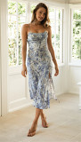 Fashion Floral Print Folds Suspenders Dress