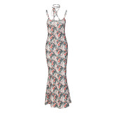 Printed Sexy Slim Fit Fragmented Flower Strap Open Back Dress