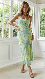 Fashion Floral Print Folds Suspenders Dress