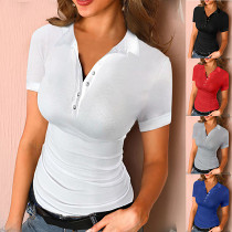 Women  Wearing Polo Collar Short Sleeve T-Shirt