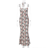 Printed Sexy Slim Fit Fragmented Flower Strap Open Back Dress
