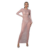 Solid Color Mesh Hot Diamond Long-Sleeved Dress
