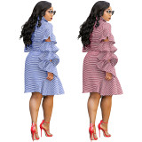 Layered Ruffle Edge Sleeve Stripe Irregular Dress