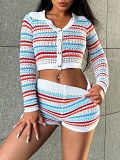 Long Sleeved Striped Color Matching Knit Women'S Two-Piece Set