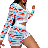 Long Sleeved Striped Color Matching Knit Women'S Two-Piece Set