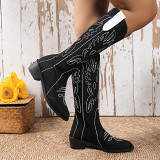 Knitted Elastic Mid Length Thick Heeled Embroidered Vintage Sock Boots