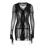 Sexy Ruffle Long Sleeve Slim Fit Wrap Hip Mesh Perspective Dress