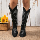 Knitted Elastic Mid Length Thick Heeled Embroidered Vintage Sock Boots