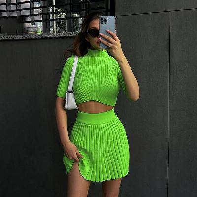 Sexy Slim Pit Strip Knit Skirt Short Sleeves Solid Color Suit Women