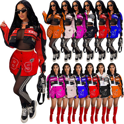 Women'S Retro Motorcycle Jacket Printed Short Skirt Baseball Suit Set