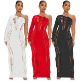 One Shoulder Sleeve Burnt Flower Hollow Sexy Nightclub Midi Dress