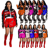Women'S Retro Motorcycle Jacket Printed Short Skirt Baseball Suit Set