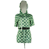 Trendy Fashion Classic Plaid Print Hooded Skirt Suit Two-Piece Set