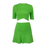 Sexy Slim Pit Strip Knit Skirt Short Sleeves Solid Color Suit Women