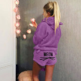 Winter Cat Embroidered Pajamas Hooded Shorts Women'S Two-Piece Set
