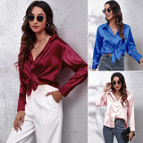 Satin Imitation Silk Long Sleeved Shirt For Women