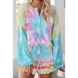 Tie Dyed Printed Casual Long Sleeved Shorts Set For Home Wear