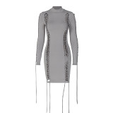 Fashion Sexy Stitching Hollow Long Sleeve Package Hip Dress For Women