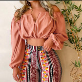 Sexy Printed One Line Collar Top And Pants Set For Women