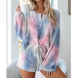 Tie Dyed Printed Casual Long Sleeved Shorts Set For Home Wear