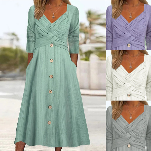 Long Sleeved V-Neck Cross Button Casual Long Dress