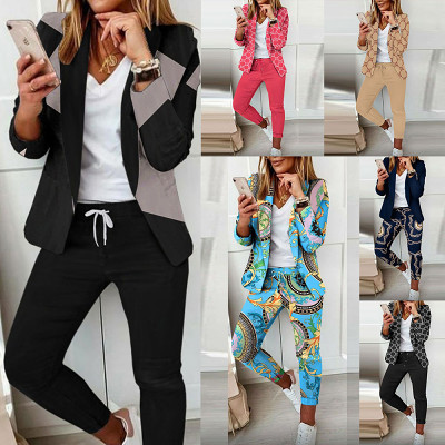 Printed Long Sleeved Cardigan Casual Small Suit Set