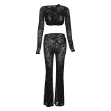 Irregular Long Sleeve T-Shirt Slim Fit Hollow Out Pants Set For Women