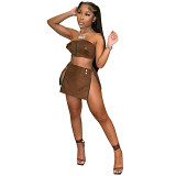 Pu Leather Zipper Exposed Navel Two-Piece Skirt Set For Women
