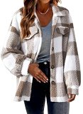 Winter Pocket Checkered Lamb Fleece Jacket Button Plush Coat